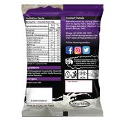 Back view of Packaging of Caring Candies No Added Sugar Little LUVBITES Liquorice flavoured white Belgian chocolate hearts on a transparent background