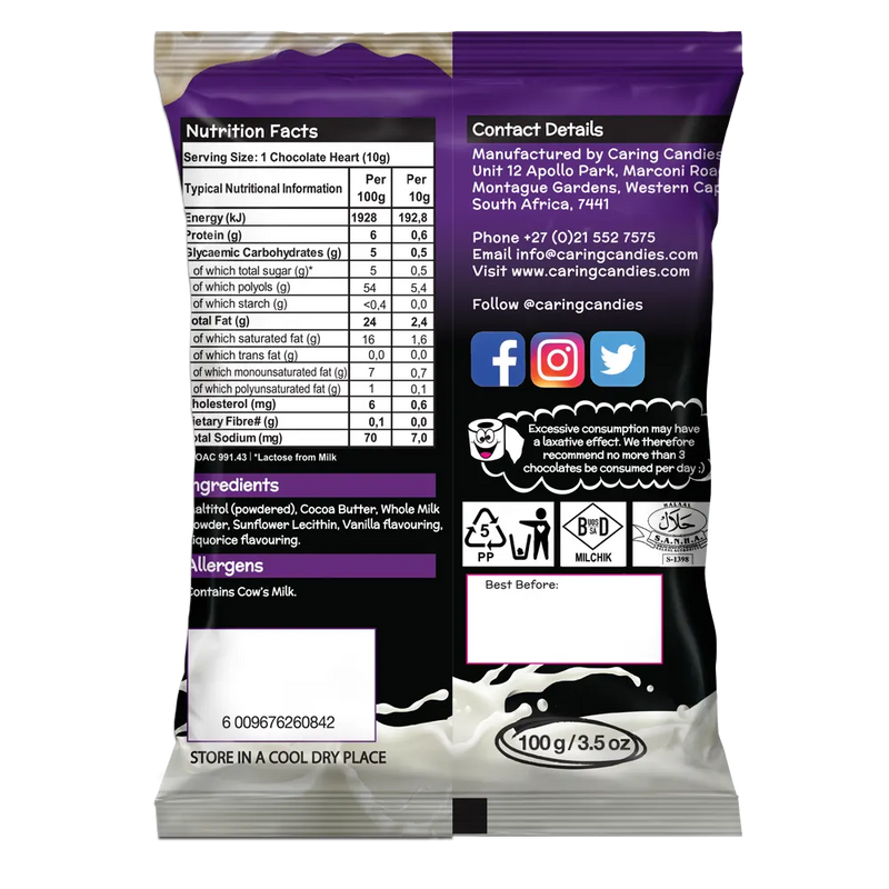 Back view of Packaging of Caring Candies No Added Sugar Little LUVBITES Liquorice flavoured white Belgian chocolate hearts on a transparent background