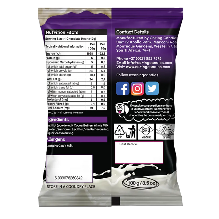 Back view of Packaging of Caring Candies No Added Sugar Little LUVBITES Liquorice flavoured white Belgian chocolate hearts on a transparent background