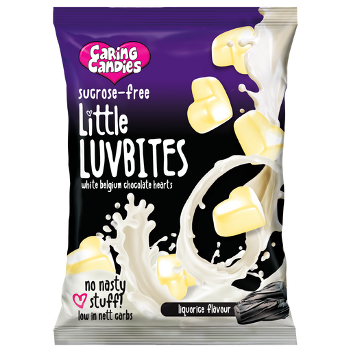 Front view of a Packet of diabetic liquorice flavoured white chocolate Little Luvbite hearts by Caring Candies