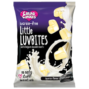Packaging of Caring Candies No Added Sugar Little LUVBITES Liquorice flavoured white Belgian chocolate hearts on a transparent background