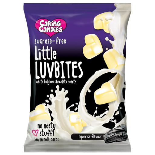 Packaging of Caring Candies No Added Sugar Little LUVBITES Liquorice flavoured white Belgian chocolate hearts on a transparent background