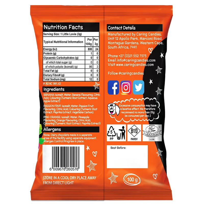 Back view of Packaging of 100g Caring Candies Sugarfree Little Lovies assorted citrus flavoured sweets like banana, pine-orange, and passion fruit, on a transparent background