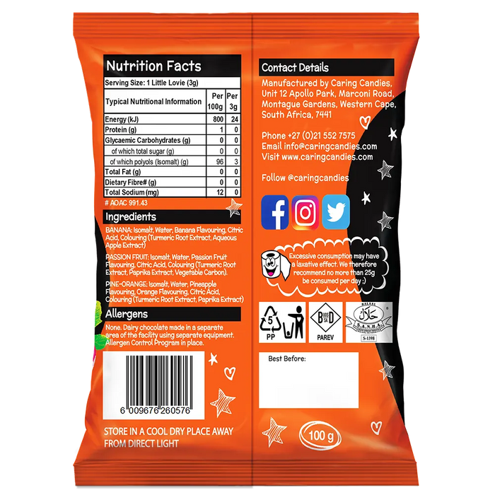 Back view of Packaging of 100g Caring Candies Sugarfree Little Lovies assorted citrus flavoured sweets like banana, pine-orange, and passion fruit, on a transparent background