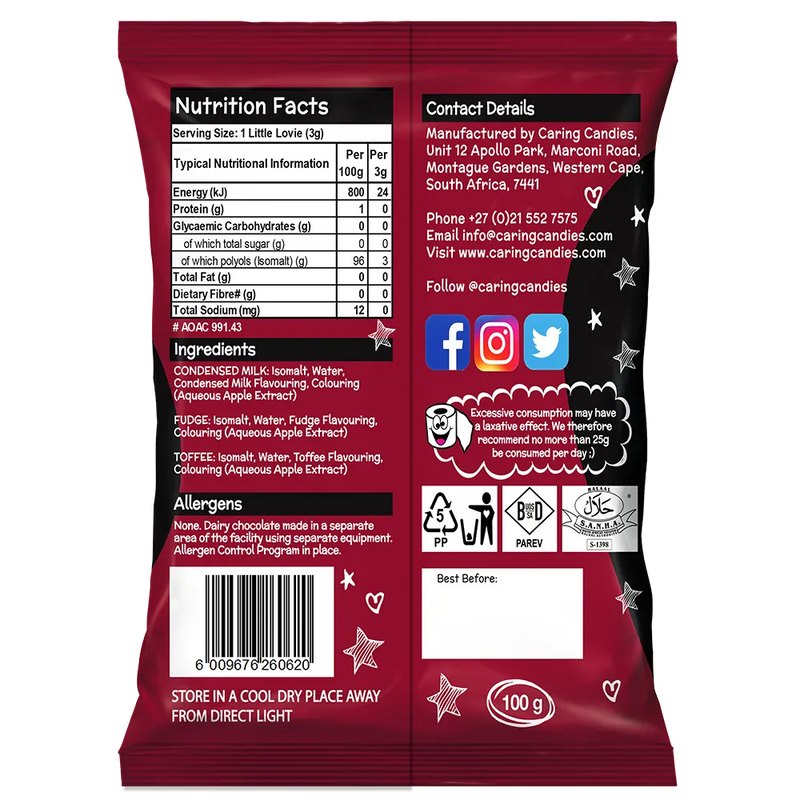 Back View of Packaging of 100g Caring Candies Sugarfree Little Lovies assorted comforting flavoured sweets like fudge, toffee, and condensed milk, on a transparent background