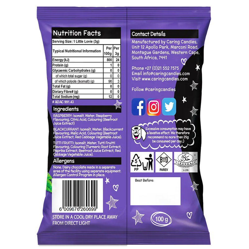 Back view of Packaging of 100g Caring Candies Sugarfree Little Lovies assorted fruity flavoured sweets on a transparent background