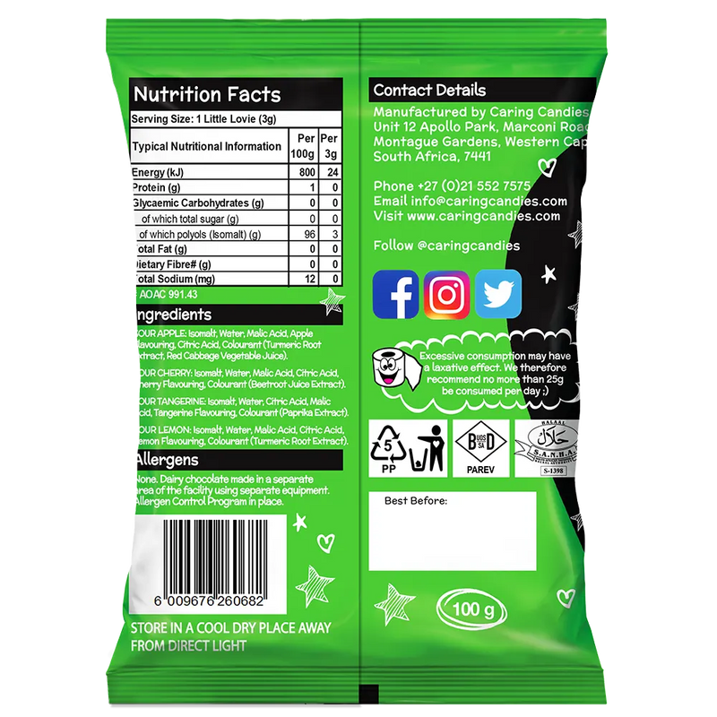 Back view of Packaging of 100g Caring Candies Sugarfree Little Lovies assorted sour flavoured sweets on a transparent background