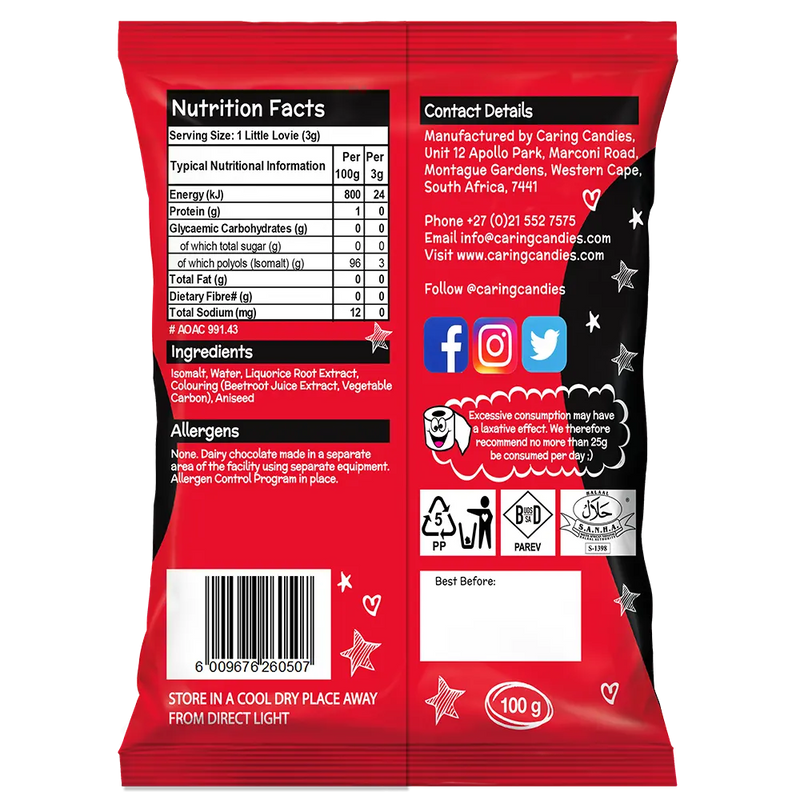 Back view of Packaging of 100g Caring Candies Sugarfree Little Lovies liquorice flavoured sweets on a transparent background