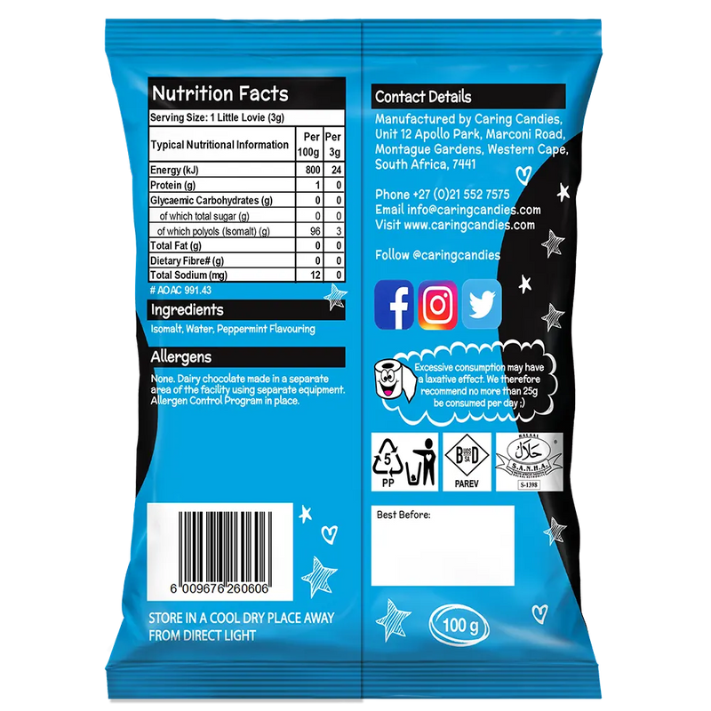 Back view of Packaging of 100g Caring Candies Sugarfree Little Lovies peppermint flavoured sweets on transparent background