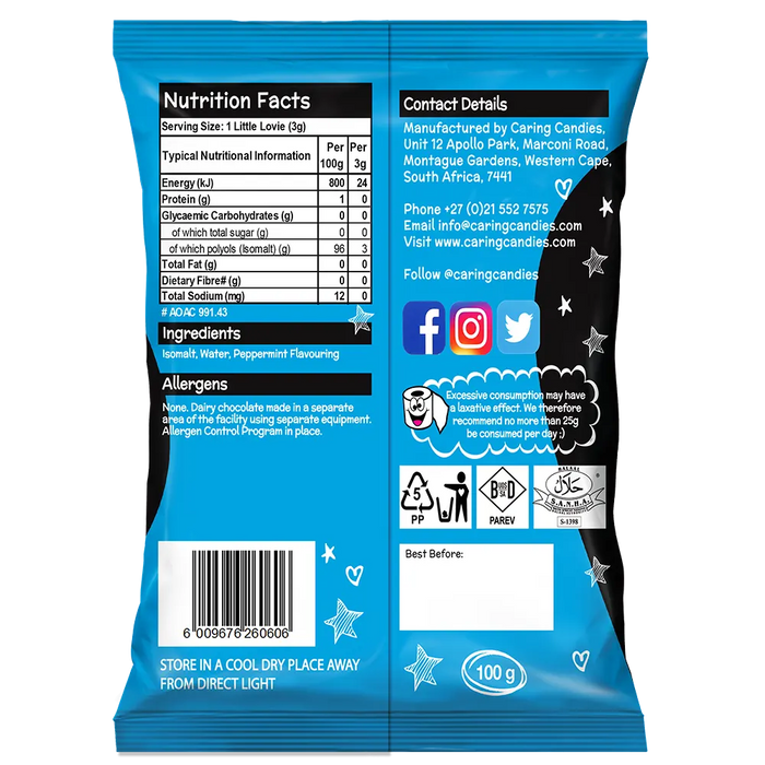 Back view of Packaging of 100g Caring Candies Sugarfree Little Lovies peppermint flavoured sweets on transparent background