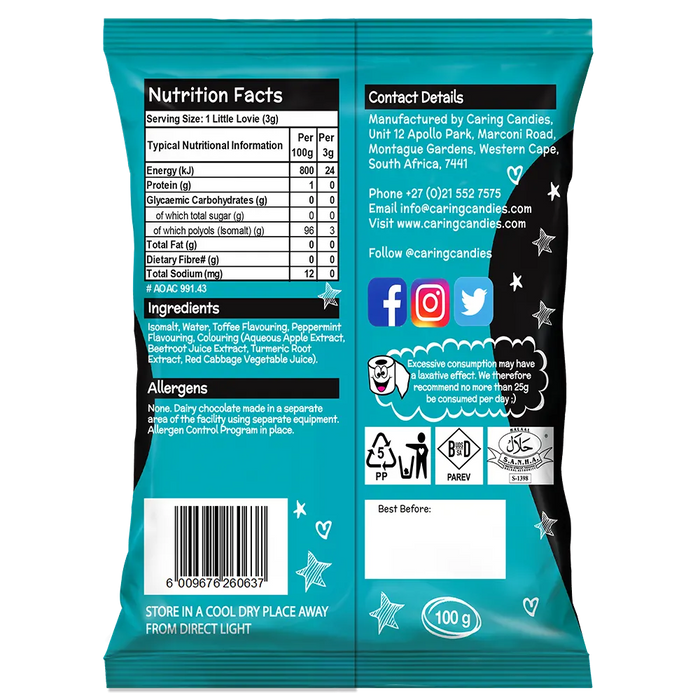 Back view of Packaging of 100g Caring Candies Sugarfree Little Lovies toffee mint flavoured sweets on transparent background