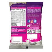 Back view of 100g Packet of Caring Candies No Added Sugar Little LUVBITES white belgian chocolate hearts in a strawberry flavour on a transparent background