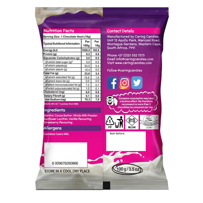 Back view of 100g Packet of Caring Candies No Added Sugar Little LUVBITES white belgian chocolate hearts in a strawberry flavour on a transparent background