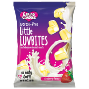 100g Packet of Caring Candies No Added Sugar Little LUVBITES premium white chocolate hearts in a strawberry flavour on a transparent background