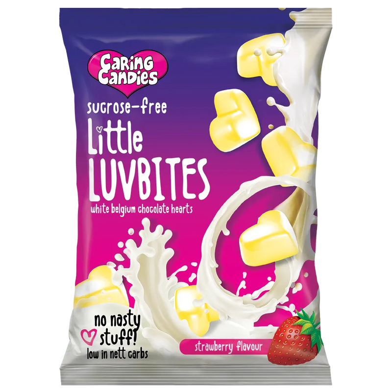 100g Packet of Caring Candies No Added Sugar Little LUVBITES premium white chocolate hearts in a strawberry flavour on a transparent background