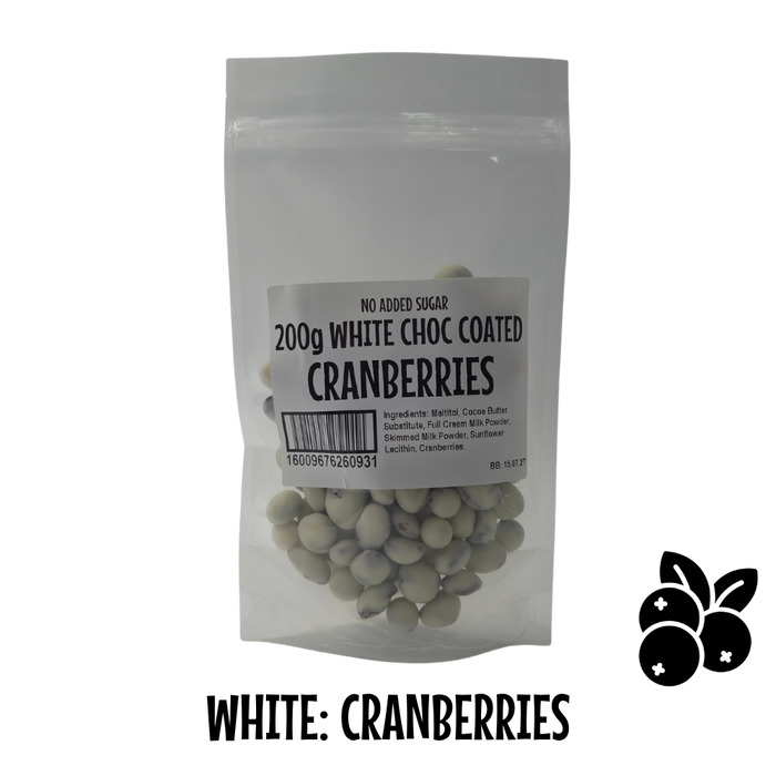 Choc Coated: WHITE Coated CRANBERRIES 200g