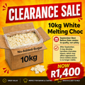 Promotional graphic for a 10kg box of white melting chocolate with text overlays, showing an open box of chopped white chocolate pieces on a bright yellow and orange background.