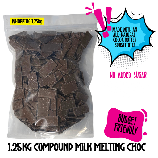 Bag of sugar-free compound milk melting chocolate with text highlighting features on a white background