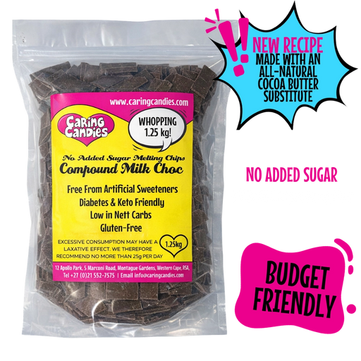 1.25kg pack of sugarfree melting milk chocolate by caring candies. Perfect for baking