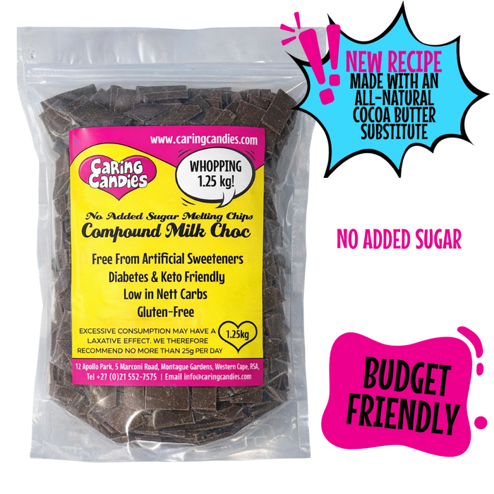 1.25kg pack of sugarfree melting milk chocolate by caring candies. Perfect for baking