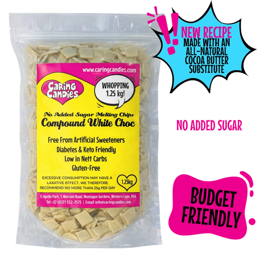 1.25kg pack of melting sugarfree white chocolate by caring candies. perfect for baking