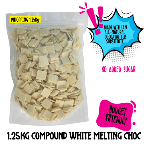 Bag of sugar-free compound white melting choc with text highlighting features on a white background