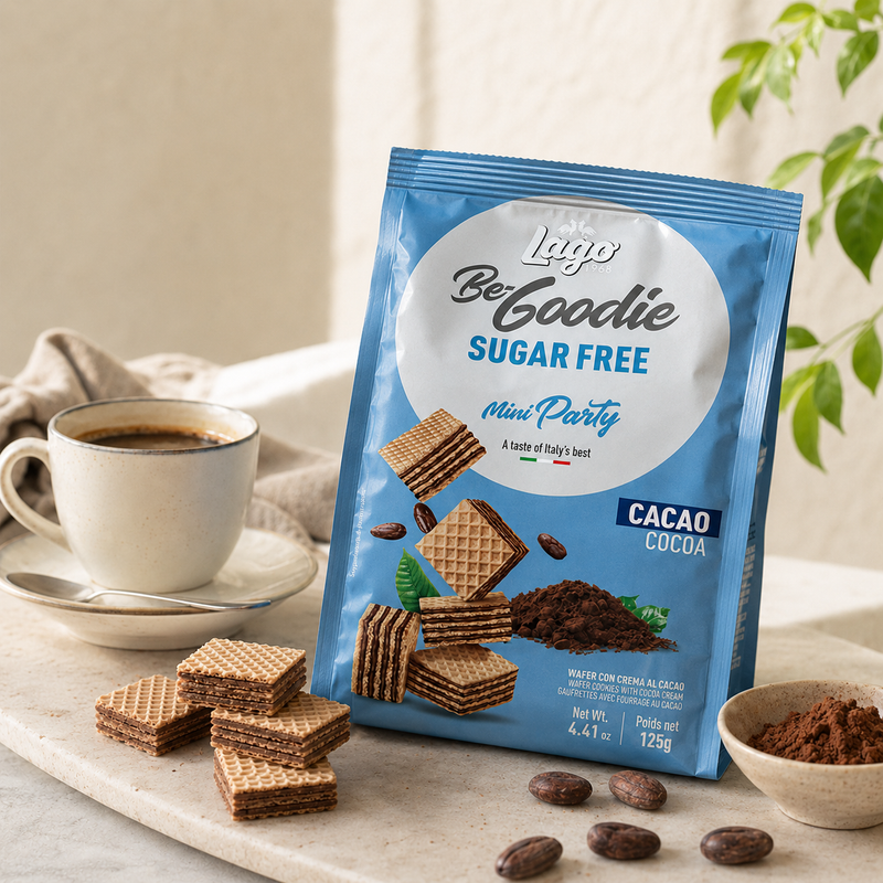 A bag of Lago Be Goodie Sugar Free Mini Party Cacao Cocoa wafer cookies stands on a light stone surface beside a cup of coffee, scattered wafer pieces, cocoa powder, and a small bowl, with a soft neutral background and plant leaves at the edge.
