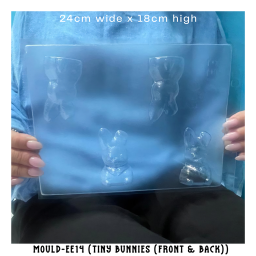 Clear reusable easter chocolate or soap mould of a few small bunnies