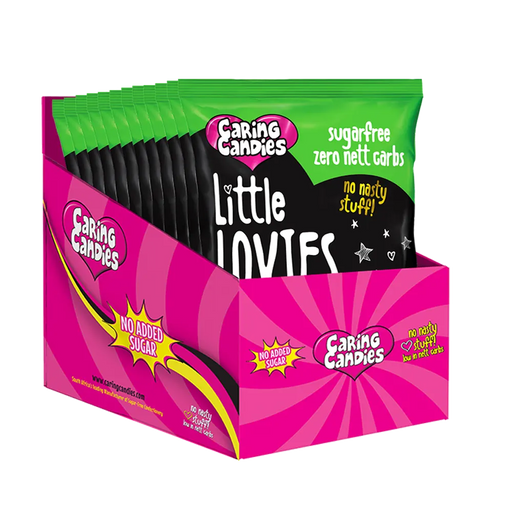 Bulk Retail display carton of 12 100g Caring Candies sugar-free Little Lovies sweets in assorted sour flavours