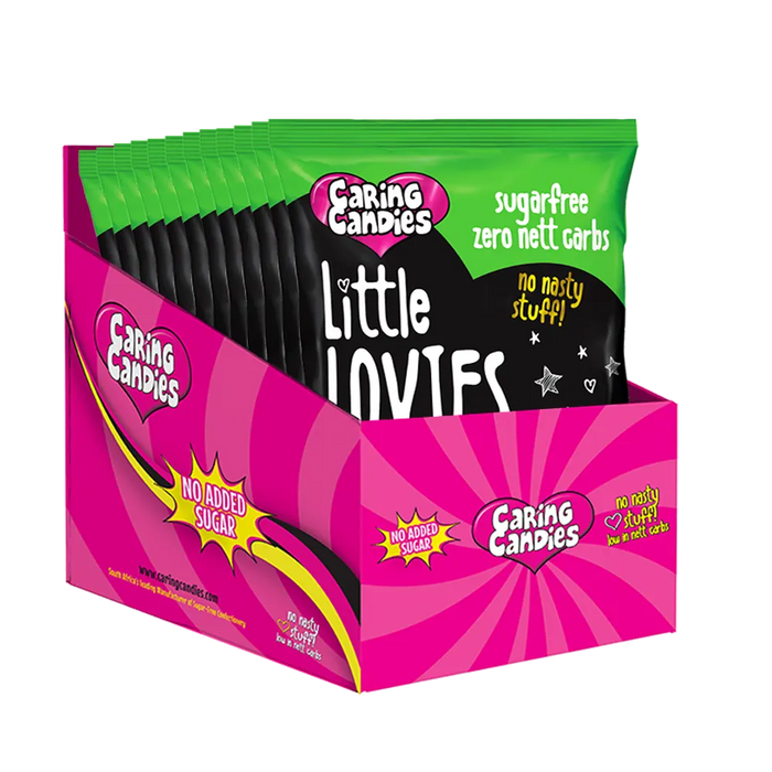 Bulk Retail display carton of 12 100g Caring Candies sugar-free Little Lovies sweets in assorted sour flavours