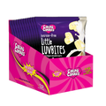 Bulk retail display carton containing 12 100g Packets of premium sugarfree liquorice flavoured white chocolate hearts called little luvbites by Caring Candies.  Ideal for those following a diabetic, gluten-free, sugar-free, keto, banting, and low carb lifestyle diet