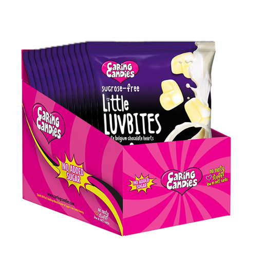 Bulk retail display carton containing 12 100g Packets of premium sugarfree liquorice flavoured white chocolate hearts called little luvbites by Caring Candies.  Ideal for those following a diabetic, gluten-free, sugar-free, keto, banting, and low carb lifestyle diet