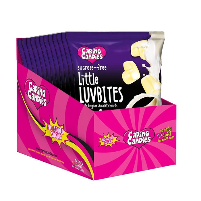 Bulk retail display carton containing 12 100g Packets of premium sugarfree liquorice flavoured white chocolate hearts called little luvbites by Caring Candies.  Ideal for those following a diabetic, gluten-free, sugar-free, keto, banting, and low carb lifestyle diet