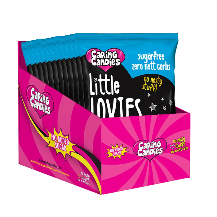 Bulk Retail display carton of 12 100g Caring Candies sugar-free Little Lovies sweets in a peppermint flavour