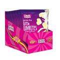 Bulk retail display carton containing 12 100g Packets of premium sugarfree strawberry flavoured white chocolate hearts called little luvbites by Caring Candies.  Ideal for those following a diabetic, gluten-free, sugar-free, keto, banting, and low carb lifestyle diet