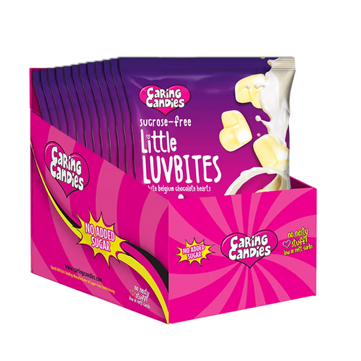 Bulk retail display carton containing 12 100g Packets of premium sugarfree strawberry flavoured white chocolate hearts called little luvbites by Caring Candies.  Ideal for those following a diabetic, gluten-free, sugar-free, keto, banting, and low carb lifestyle diet