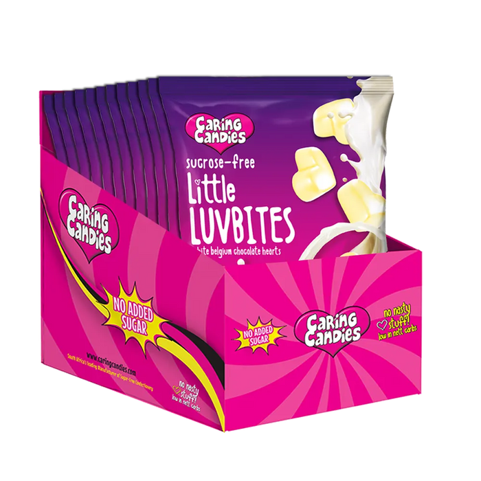 Bulk retail display carton containing 12 100g Packets of premium sugarfree strawberry flavoured white chocolate hearts called little luvbites by Caring Candies.  Ideal for those following a diabetic, gluten-free, sugar-free, keto, banting, and low carb lifestyle diet