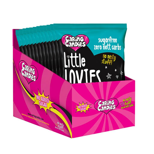 Bulk Retail Display box of 12 100g Caring Candies Sugarfree Little Lovies Sweets in a toffee mint flavour