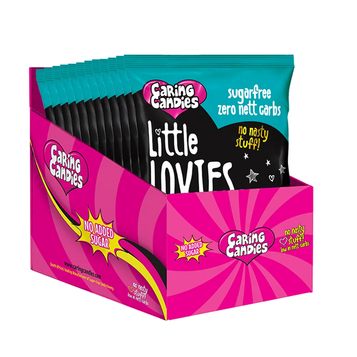Bulk Retail Display box of 12 100g Caring Candies Sugarfree Little Lovies Sweets in a toffee mint flavour