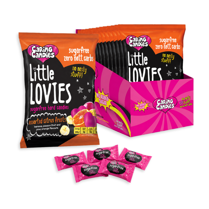 bulk pack of 12 100g sugarfree caring candies assorted citrus flavoured little lovies sweets