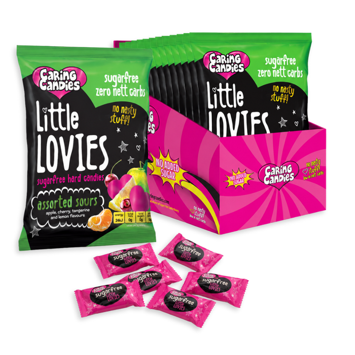 bulk pack of 12 100g sugarfree caring candies assorted sour flavoured little lovies sweets