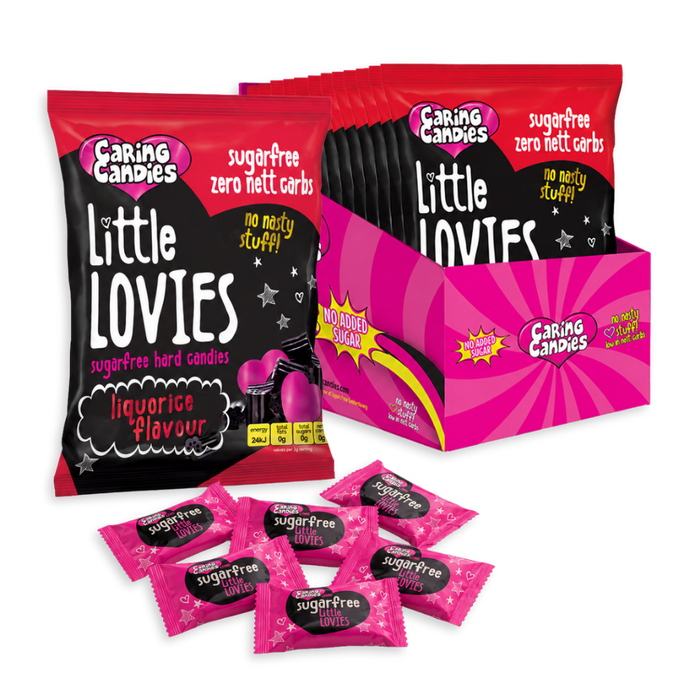 bulk pack of 12 100g sugarfree caring candies liquorice flavoured little lovies sweets