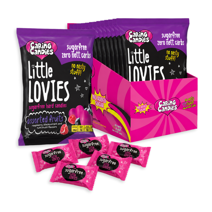 bulk pack of 12 100g sugarfree caring candies assorted fruit flavoured little lovies sweets