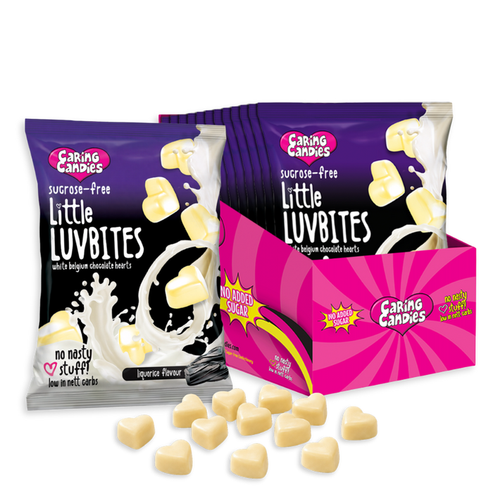bulk pack of 12x100g no added sugar premium white chocolate luvbites with a liquorice flavour