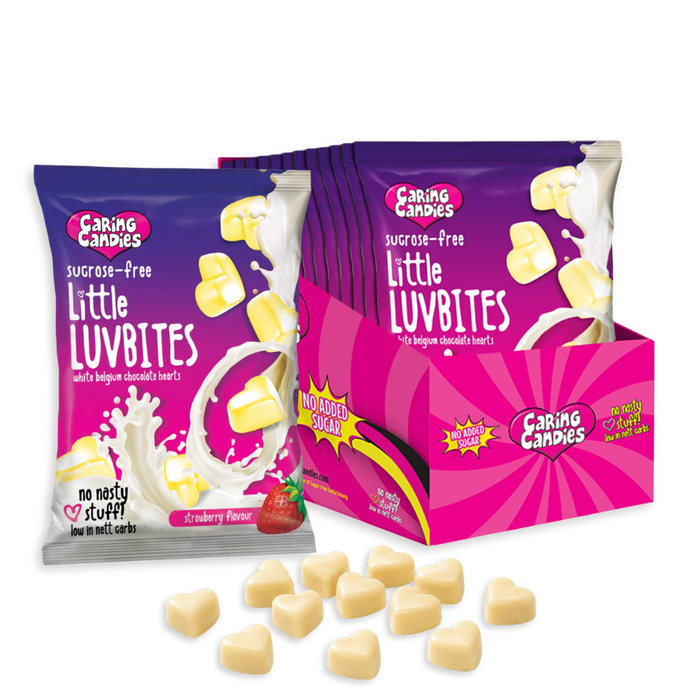 bulk pack of 12x100g no added sugar premium white chocolate luvbites with a strawberry flavour