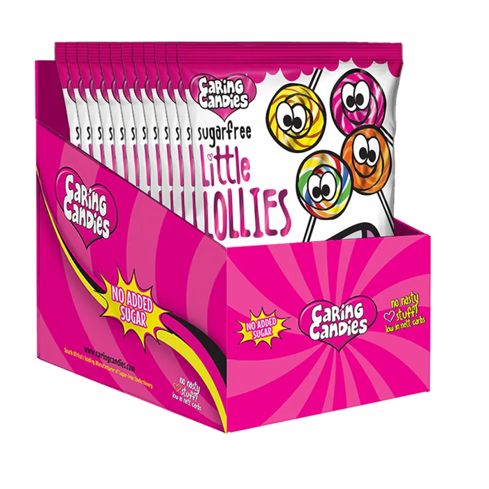 Retail display Box of 12x80g Caring Candies Sugarfree Little Lollies packets a transparent background