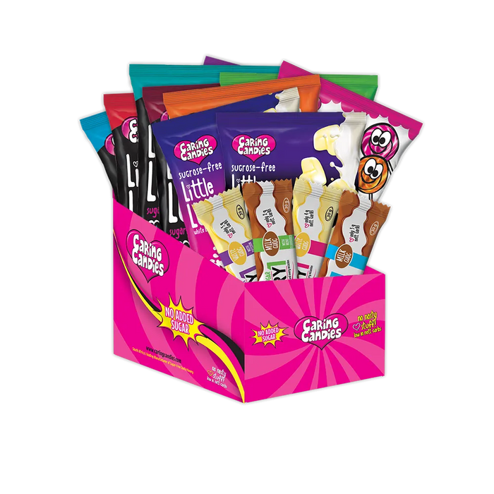 caring candies sugar-free sweet cravings survival kit box containing an assortment of sugarfree little lovies hard boiled sweets and lollipops, and no added sugar premium white and milk chocolates