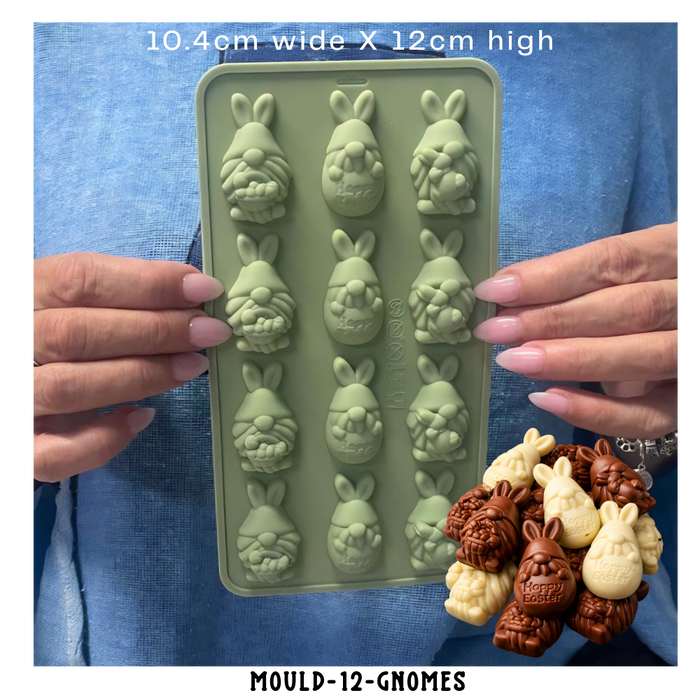 Silicone easter chocolate or soap mould with gnome and bunny shapes held by a person, with chocolate treats displayed below.