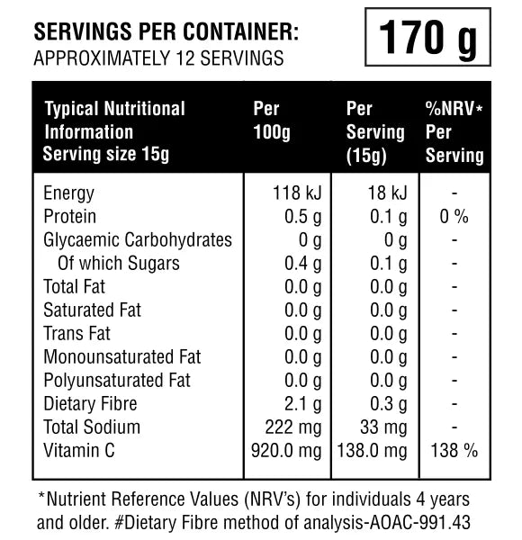 Nutritional information label for 170g Footy's Sugarfree Flavouring Powder