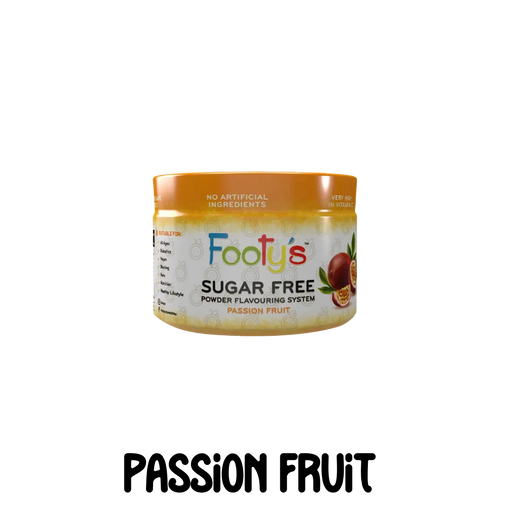 A container of Footy's Passion Fruit sugar-free powdered drink mix 